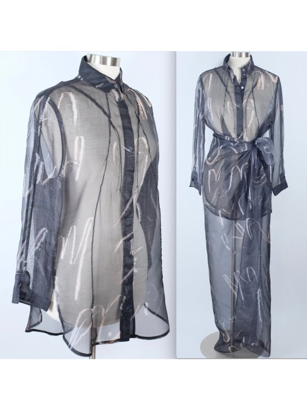 CHADO Ralph Rucci sz 12 blouse and scarf suit set black silk painted
